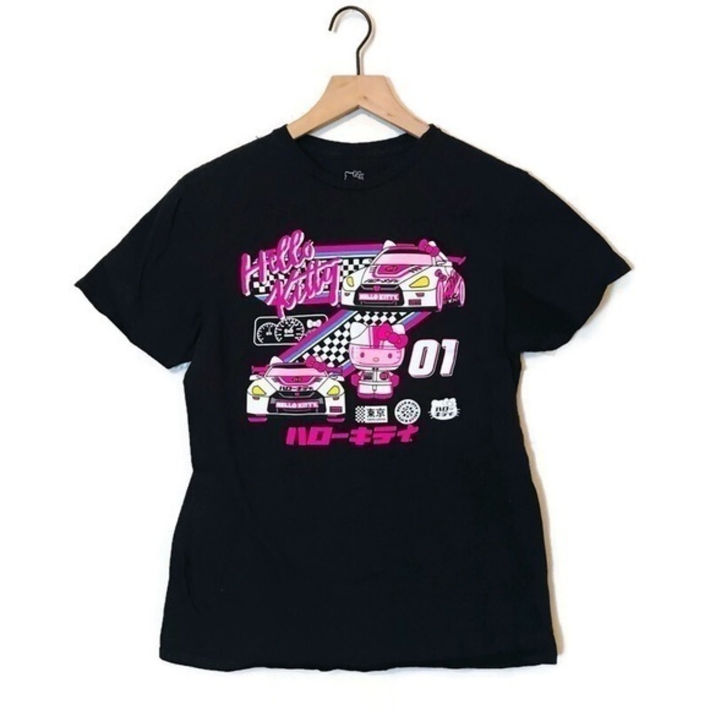Hello Kitty Sanrio Black Pink Short Sleeve Racing Tee Shirt Women’s Size Medium
